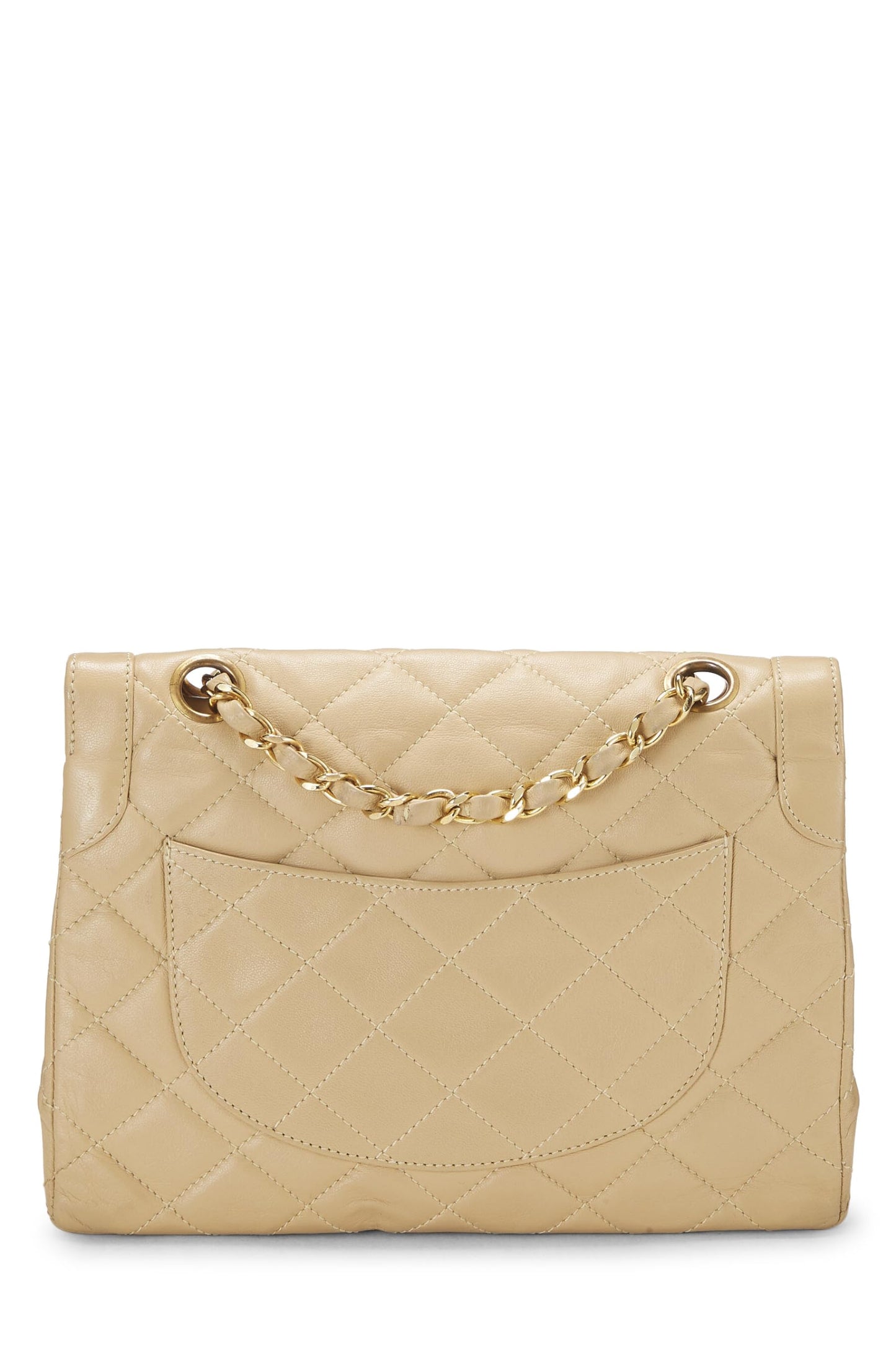 Chanel, Petit sac à rabat double en cuir d'agneau matelassé beige d'occasion, édition limitée Paris, beige