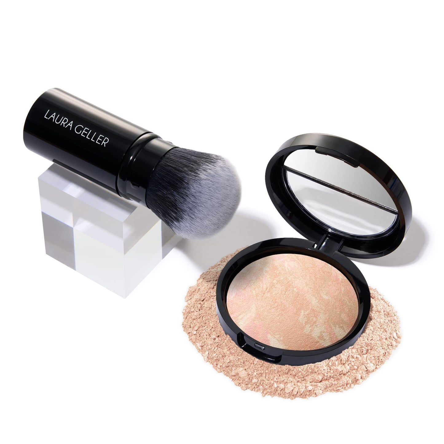 LAURA GELLER NEW YORK Kit Get Glowing (2 piezas): base iluminadora en polvo Baked Balance-n-Glow, Porcelain + brocha de maquillaje Airbrush Kabuki