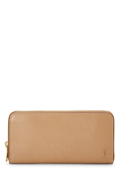 Yves Saint Laurent, portefeuille zippé en cuir marron d'occasion, beige