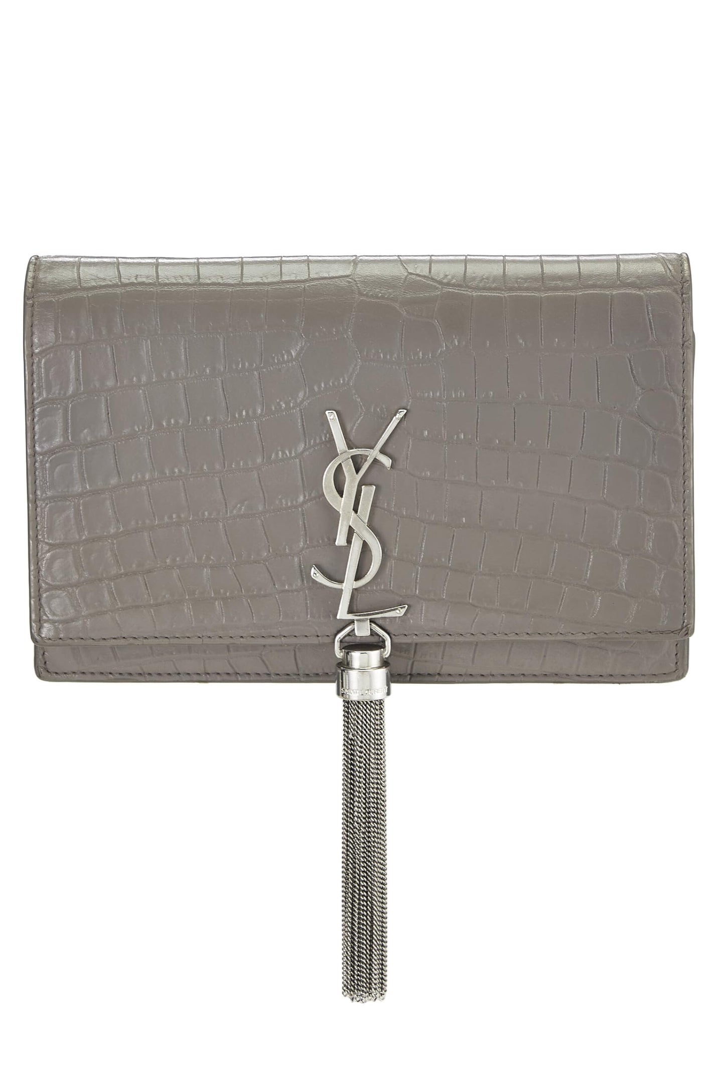 Yves Saint Laurent, Cartera con cadena Kate de cuero repujado gris Pre-Loved (WOC), Gris