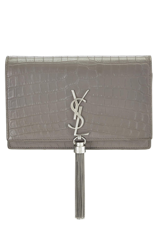 Yves Saint Laurent, portefeuille à pampilles Kate en cuir gaufré gris d'occasion (WOC), gris