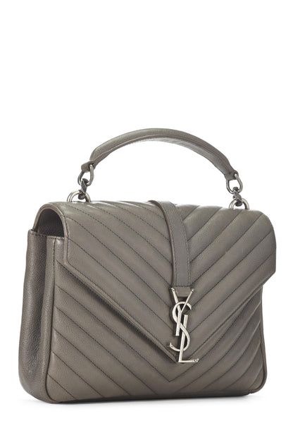 Yves Saint Laurent, Pre-Loved Grey Chevron Leather College Medium, Gris