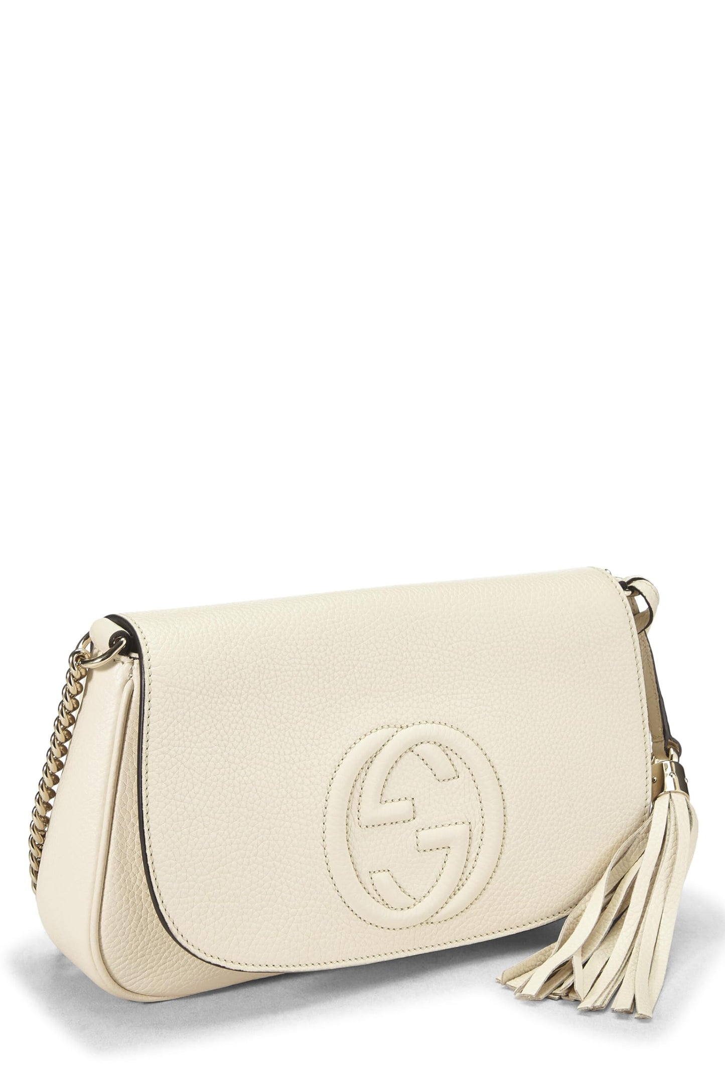 Gucci, Pre-Loved Beige Grained Leather Soho Chain Flap Crossbody, Gold