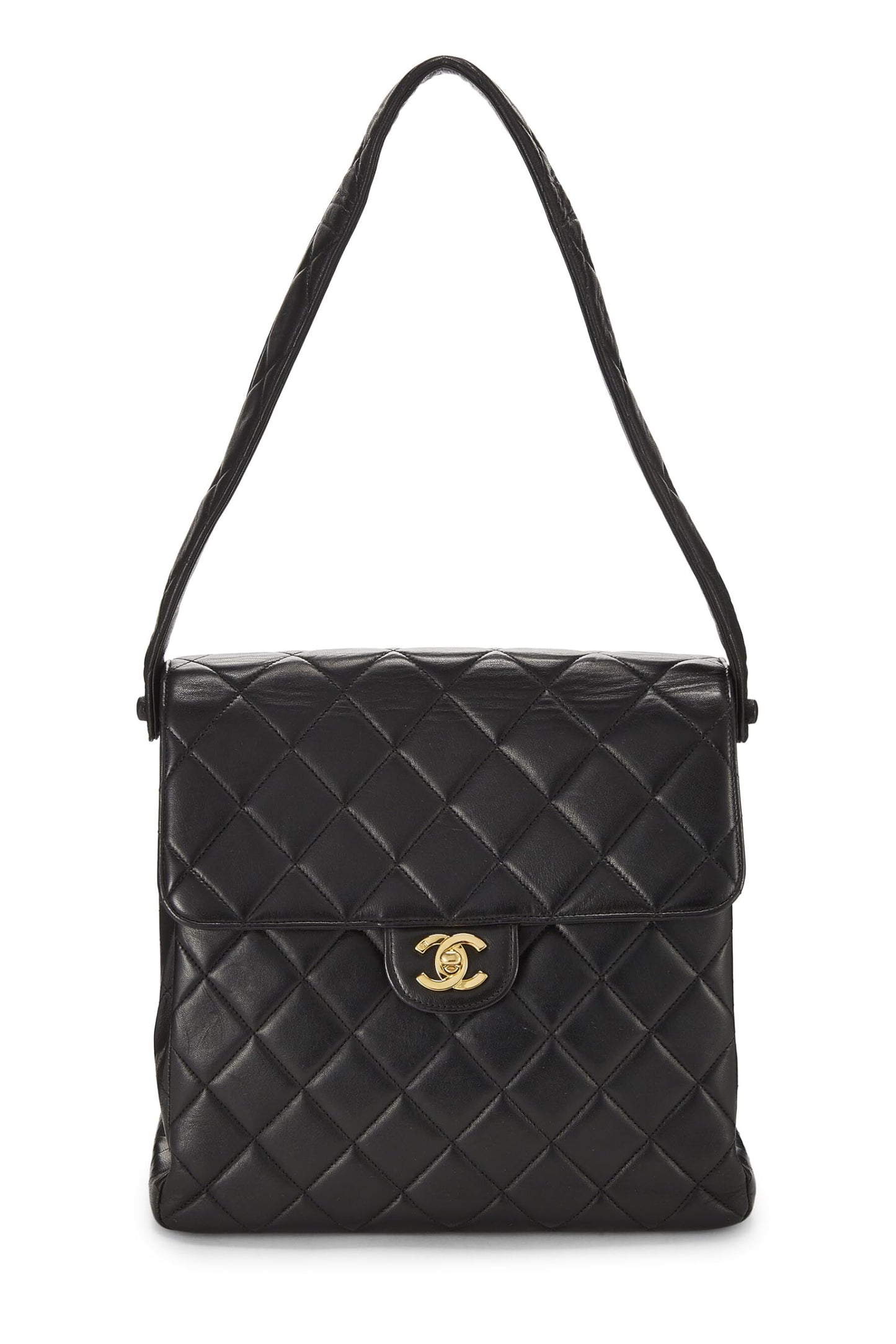 Chanel, Bolso alto con solapa de doble cara y piel de cordero acolchado en negro Pre-Loved, Negro