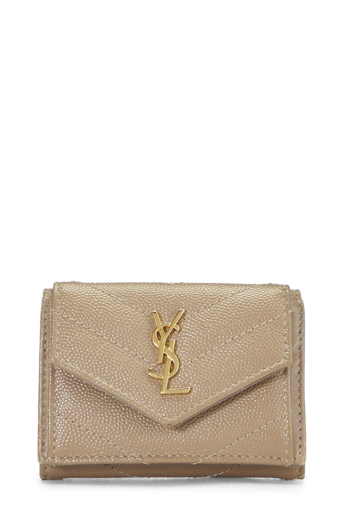 Yves Saint Laurent, portefeuille enveloppe beige granuleux d'occasion, petit modèle, beige