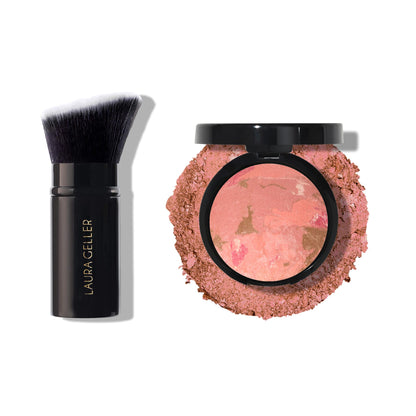 LAURA GELLER NEW YORK Baked Blush-n-Bronze Fard à joues bronzeur 2 en 1, Berry Bronze + Pinceau kabuki biseauté rétractable