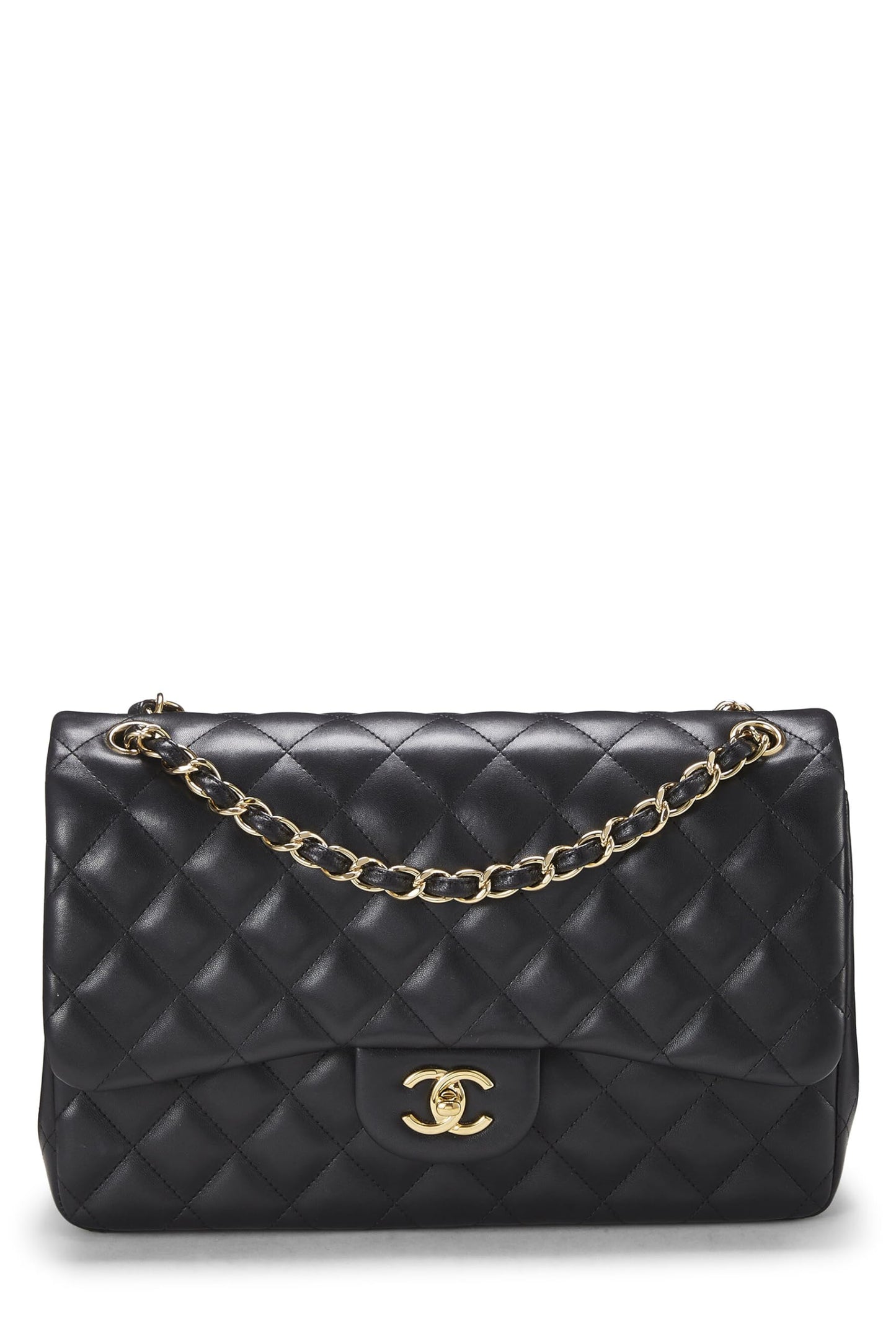 Chanel, sac à main jumbo à double rabat en cuir d'agneau matelassé noir d'occasion, noir