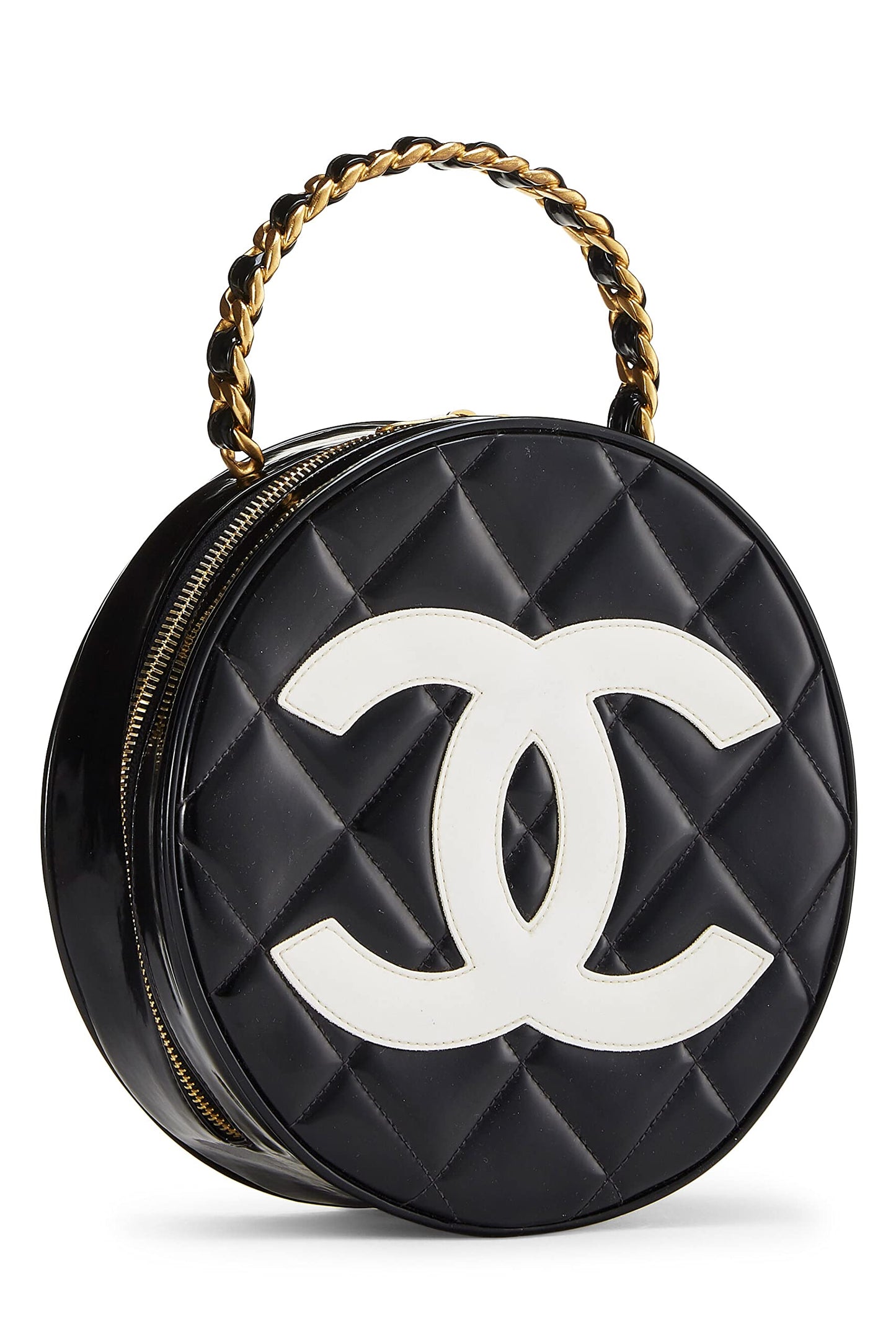 Chanel, sac rond « CC » en cuir verni matelassé noir d'occasion, noir