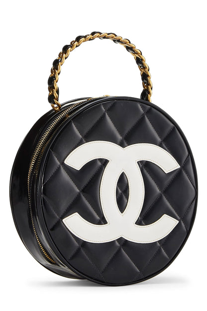 Chanel, Pre-Loved Black Quilted Patent Leather Round 'CC' Bag, Black