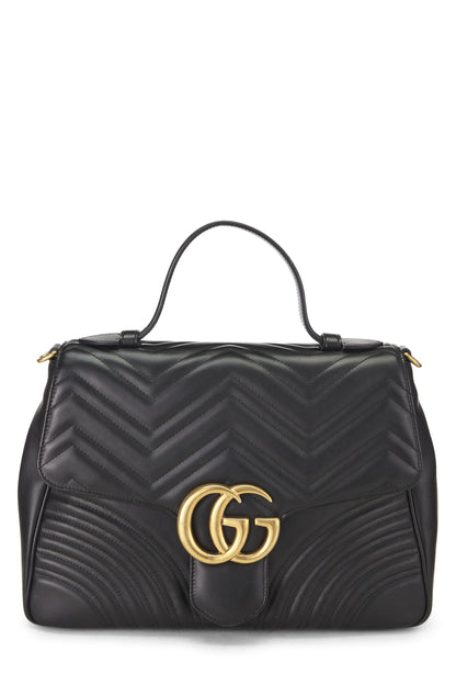 Gucci, Pre-Loved Black Leather GG Marmont Top Handle Shoulder Bag Medium, Black