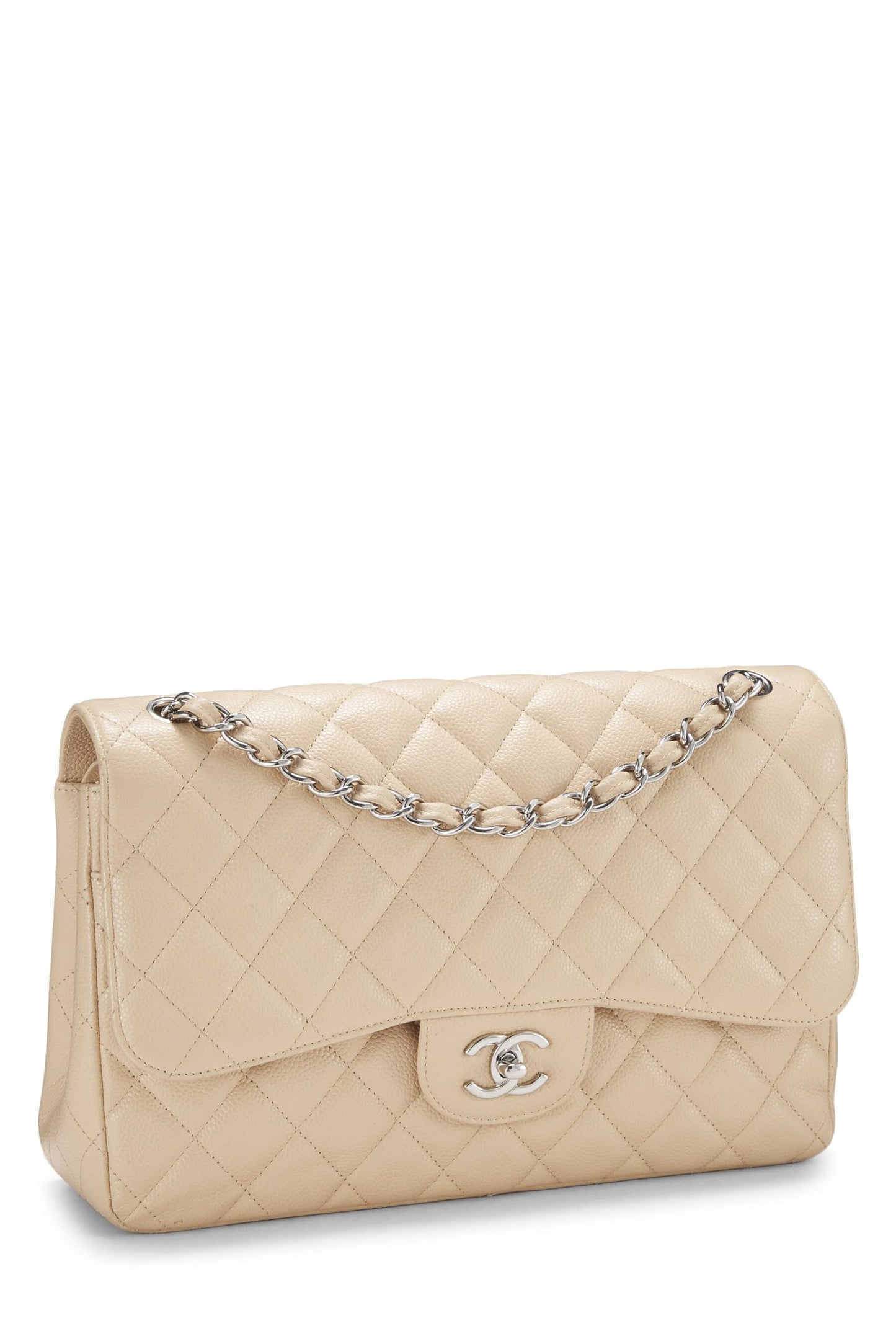 Chanel, Pre-Loved Beige Quilted Caviar New Classic Double Flap Jumbo, Beige