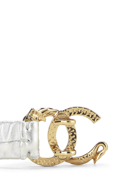 Chanel, Ceinture 'CC' en cuir argenté et cristaux d'occasion, argent