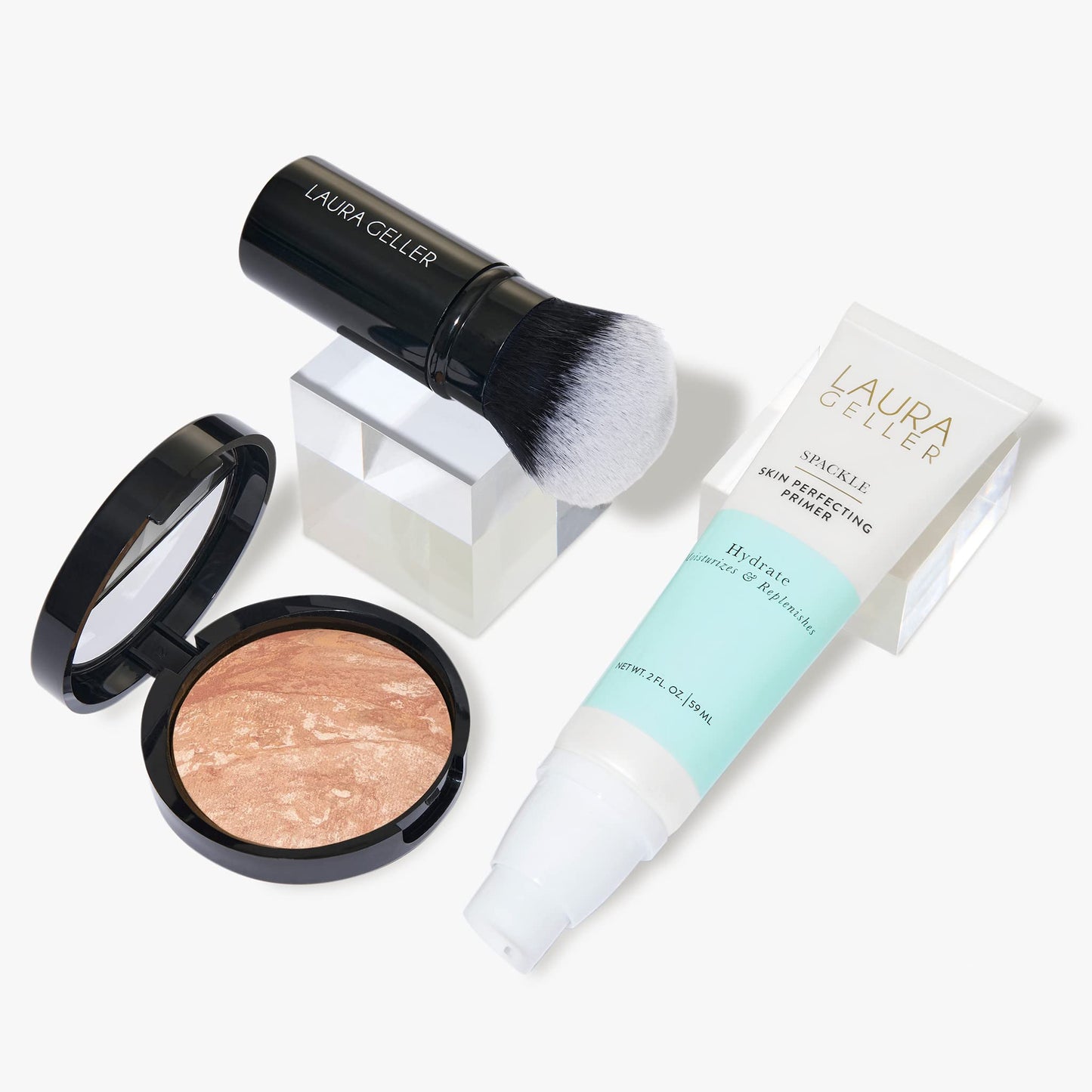 Kit Face the Day de LAURA GELLER NEW YORK (3 piezas): base Balance-n-Brighten, prebase perfeccionadora de piel Light + Spackle, brocha redonda Kabuki Hydrate + Airbrush