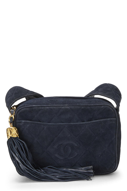 Chanel, Mini sac photo en daim bleu marine « CC » à diamants, d'occasion, bleu marine