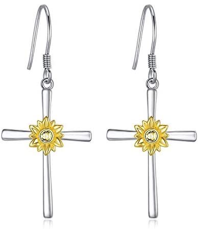 Boucles d'oreilles tournesol en argent sterling avec pendentif en forme de croix et crochets - Bijoux en forme de fleur de tournesol - Cadeaux pour femmes et adolescentes - Anniversaire