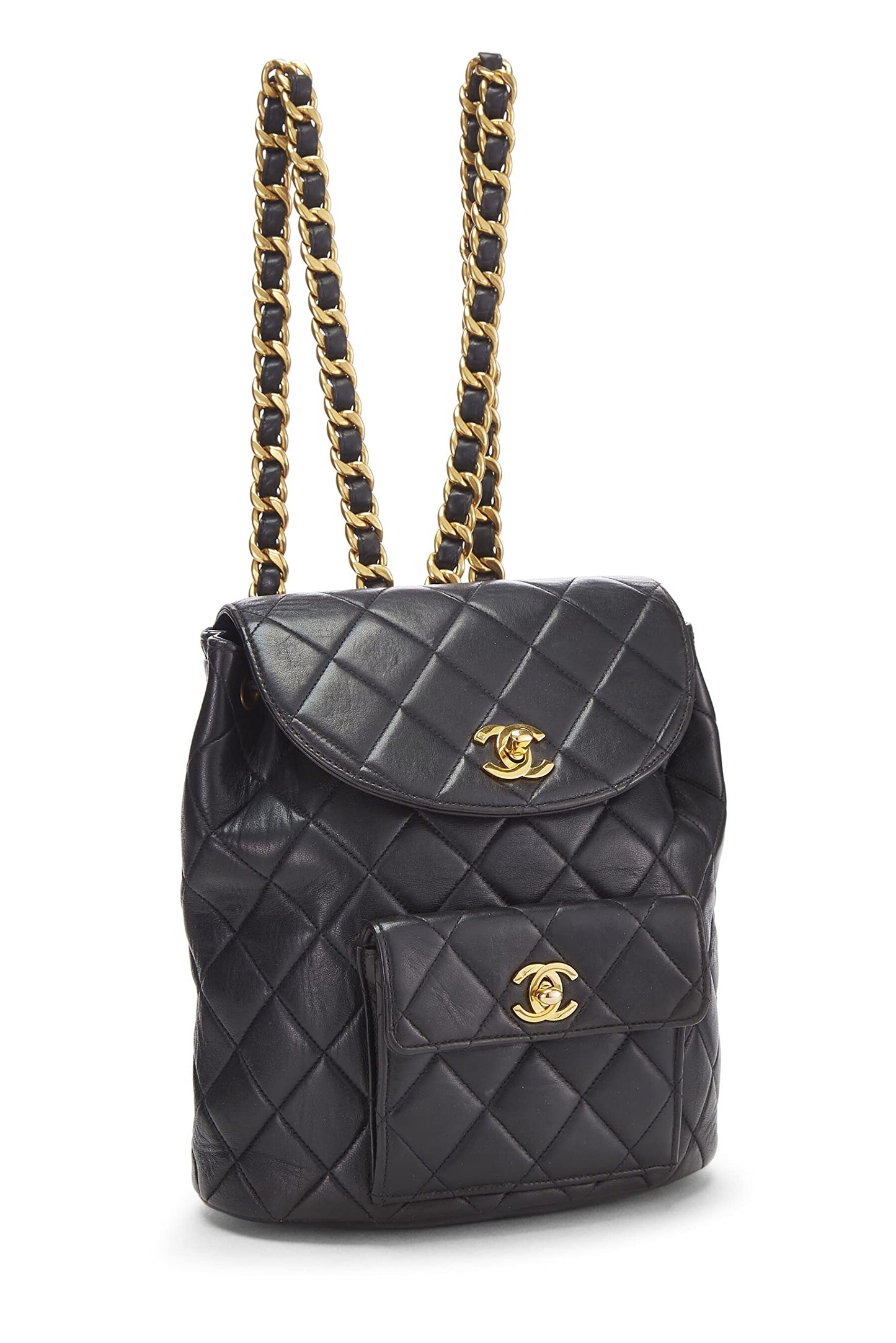 Chanel, Mochila clásica pequeña 'CC' de piel de cordero acolchada negra Pre-Loved, Negro