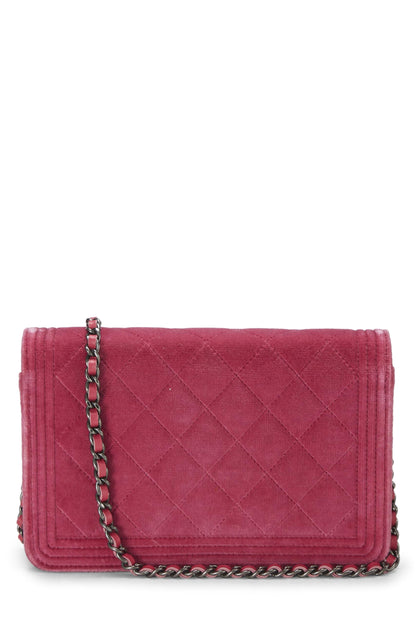 Chanel, Pre-Loved Pink Quilted Velvet Boy Wallet on Chain (WOC), Pink