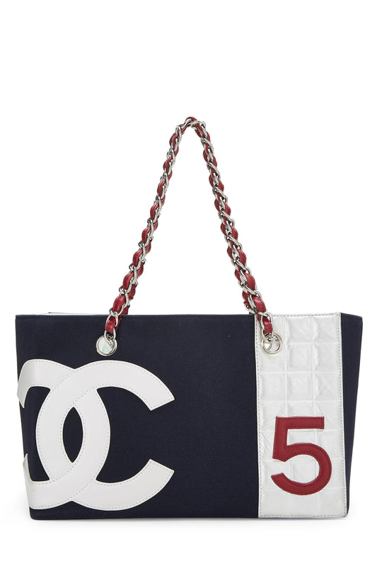 Chanel, Tote shopper metalizado No.5 de cuero y lona azul marino Pre-Loved, Azul marino