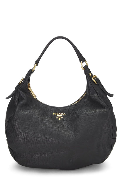 Prada, Pre-Loved Black Vitello Daino Hobo, Black