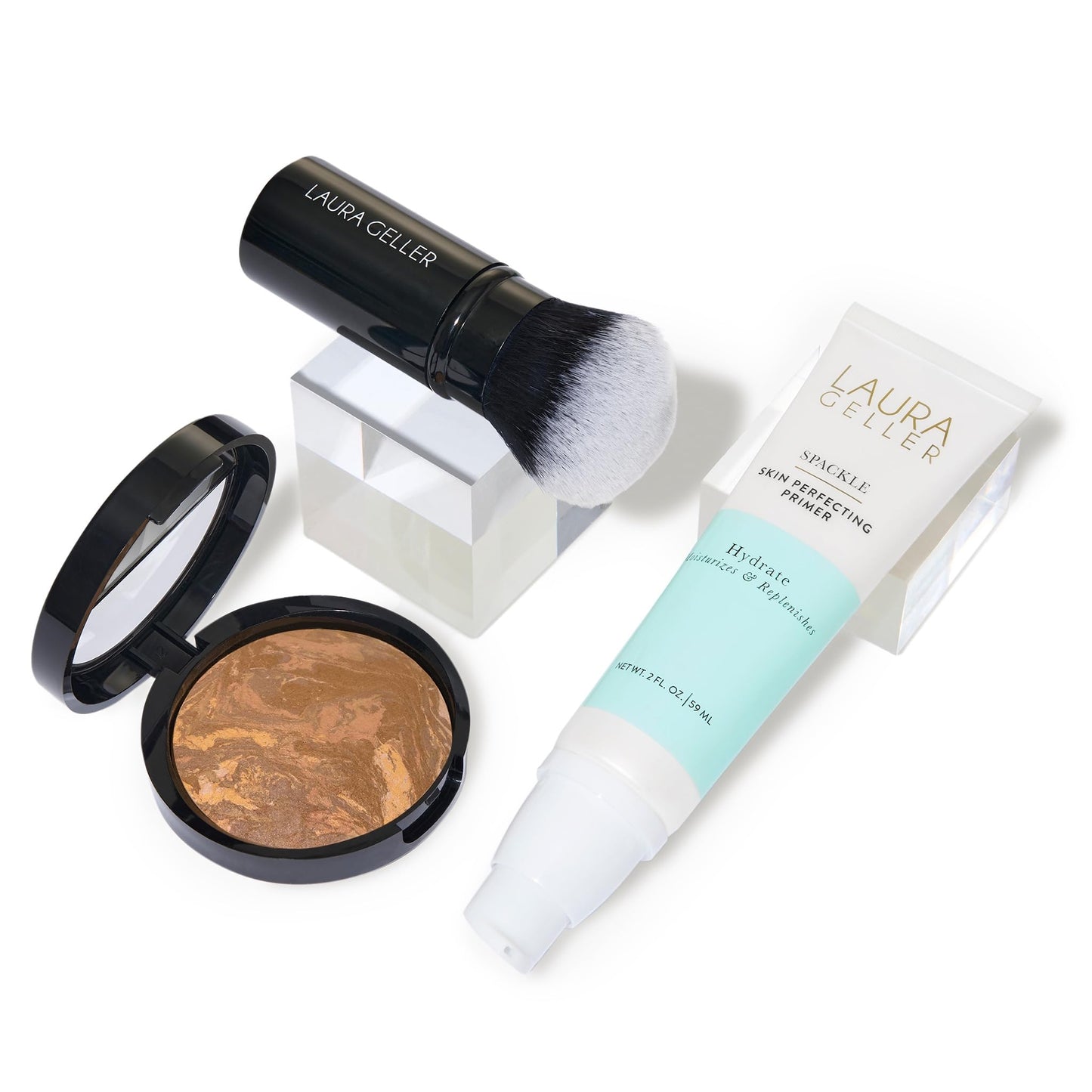 LAURA GELLER NEW YORK Laura's Must-Haves Kit 3pc: Baked Balance-n-Brighten Powder Foundation, Sand + Spackle Skin Perfecting Makeup Primer, Hydrate + Airbrush Round Kabuki Brush