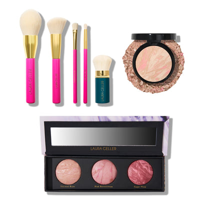 LAURA GELLER NEW YORK Baked Balance-n-Brighten Powder Foundation, Porcelain + Geller's Greatest Brush Trio + 5pc Full Face Makeup Brush Set