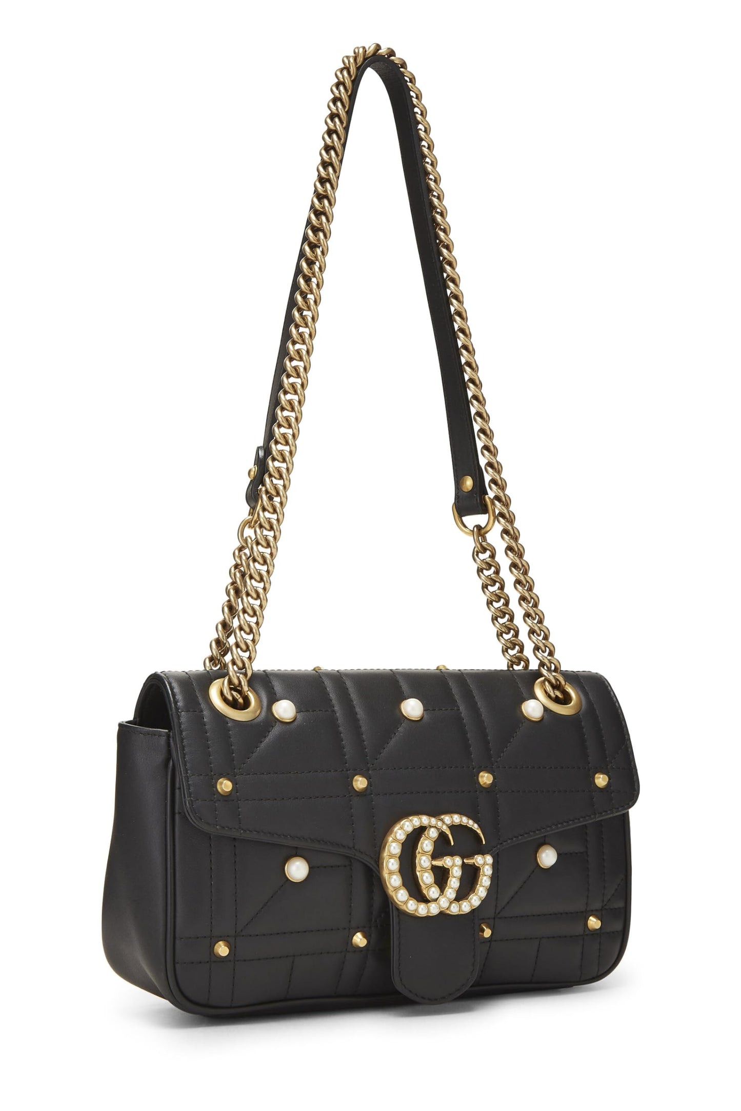 Gucci, Bolso de hombro Marmont pequeño de cuero Matelassé con perlas de imitación negras Pre-Loved, Negro