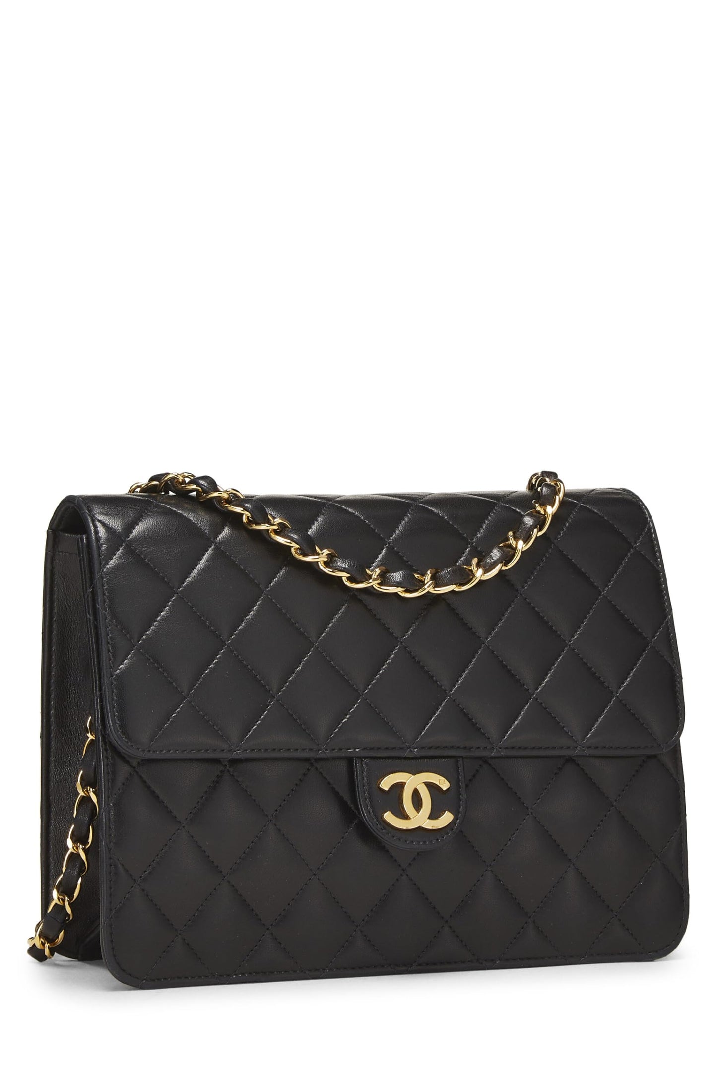 Chanel, Petit sac à rabat en cuir d'agneau matelassé noir d'occasion, noir