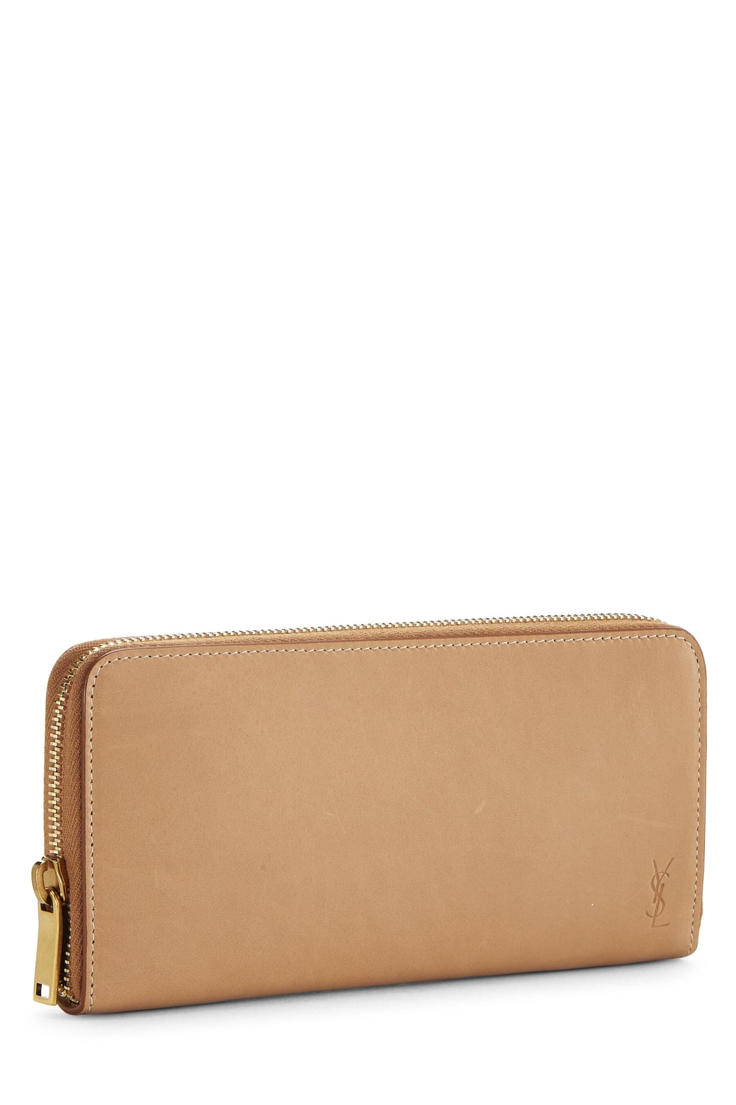 Yves Saint Laurent, portefeuille zippé en cuir marron d'occasion, beige