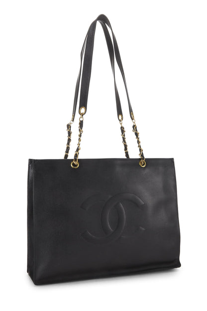 Chanel, grand sac fourre-tout à chaîne plate Black Caviar d'occasion, noir