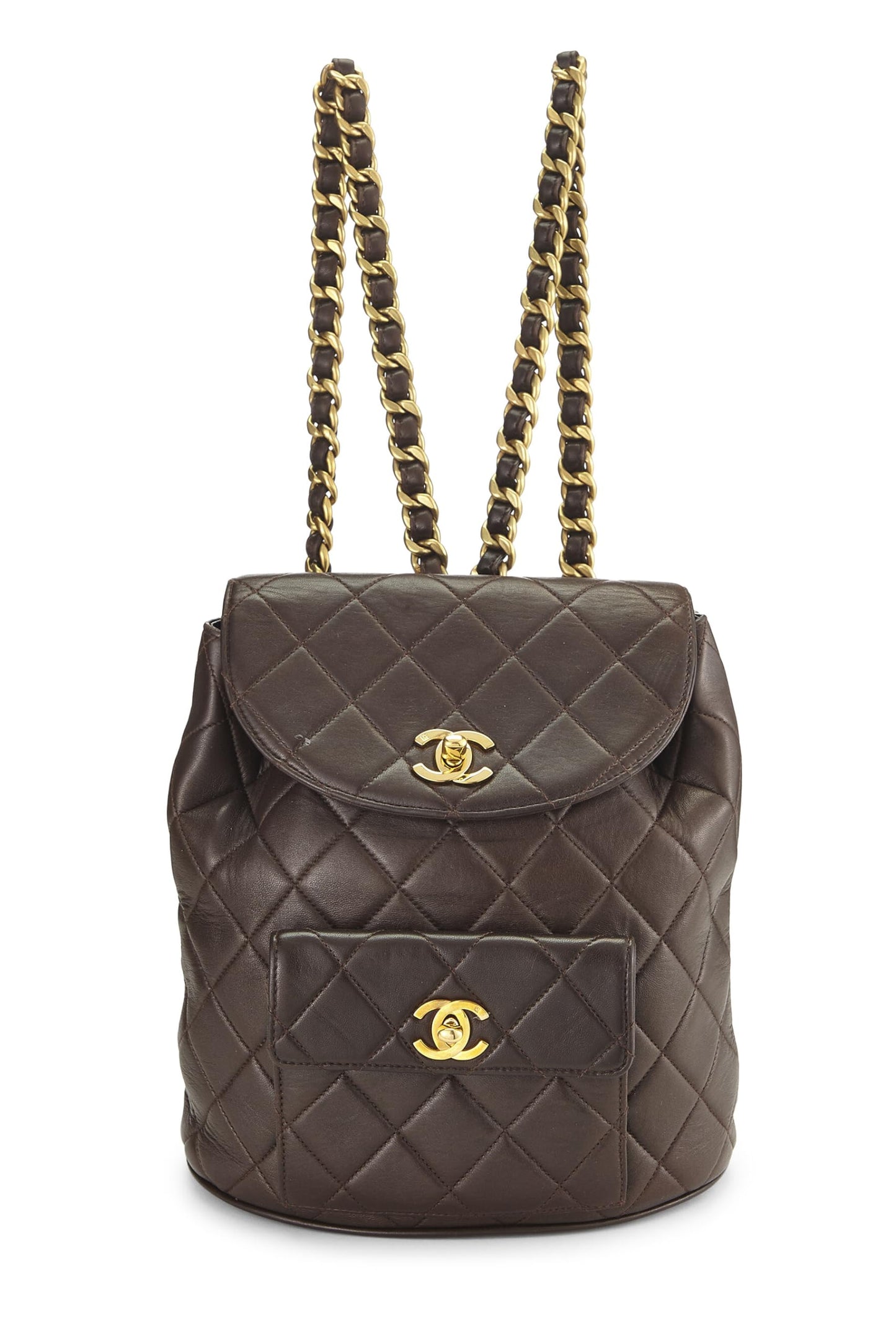 Chanel, Mochila clásica pequeña 'CC' de piel de cordero acolchada marrón Pre-Loved, Marrón