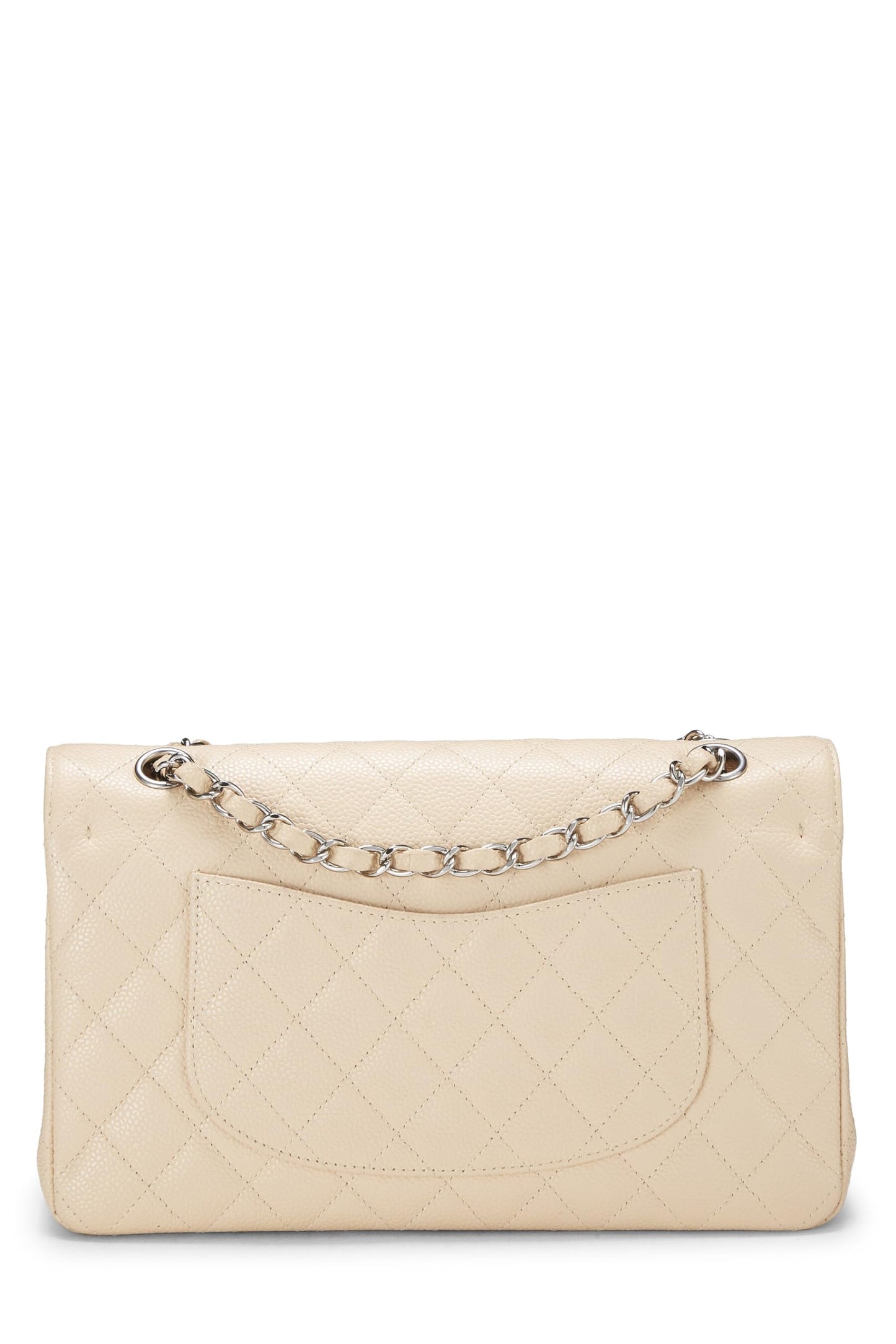 Chanel, sac à rabat double classique matelassé beige caviar d'occasion, taille M, beige