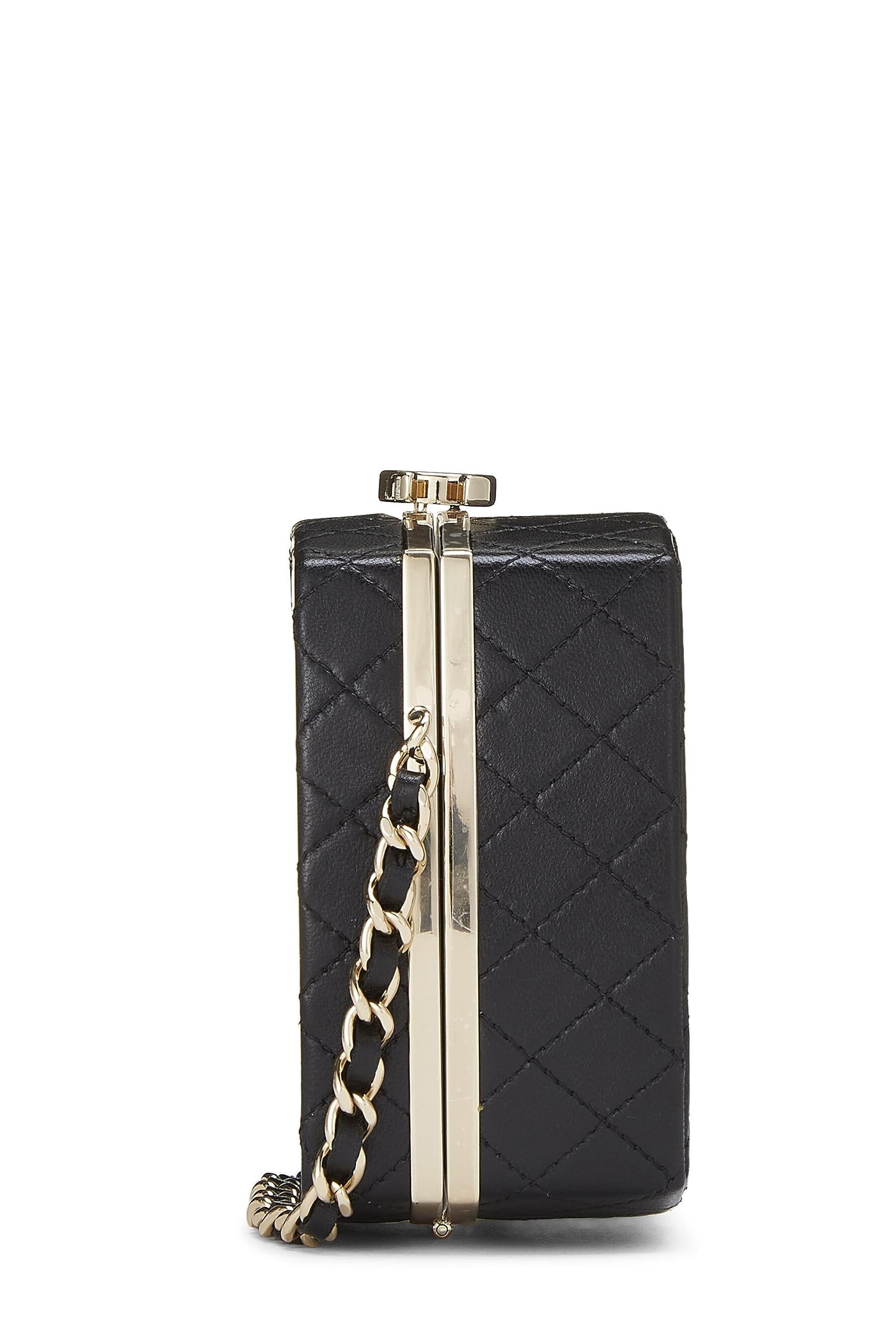 Chanel, Pochette à poudre en cuir d'agneau noir sur chaîne, d'occasion, noir