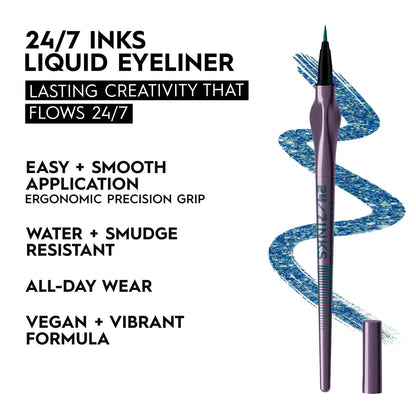 Stylo eyeliner liquide URBAN DECAY 24/7 Inks (extrémité profonde - bleu sarcelle scintillant, eye-liner à pointe pinceau), résistant à l'eau, résistant aux taches, eye-liner aux couleurs vives, poignée de précision ergonomique, végétalien - 0,01 fl oz