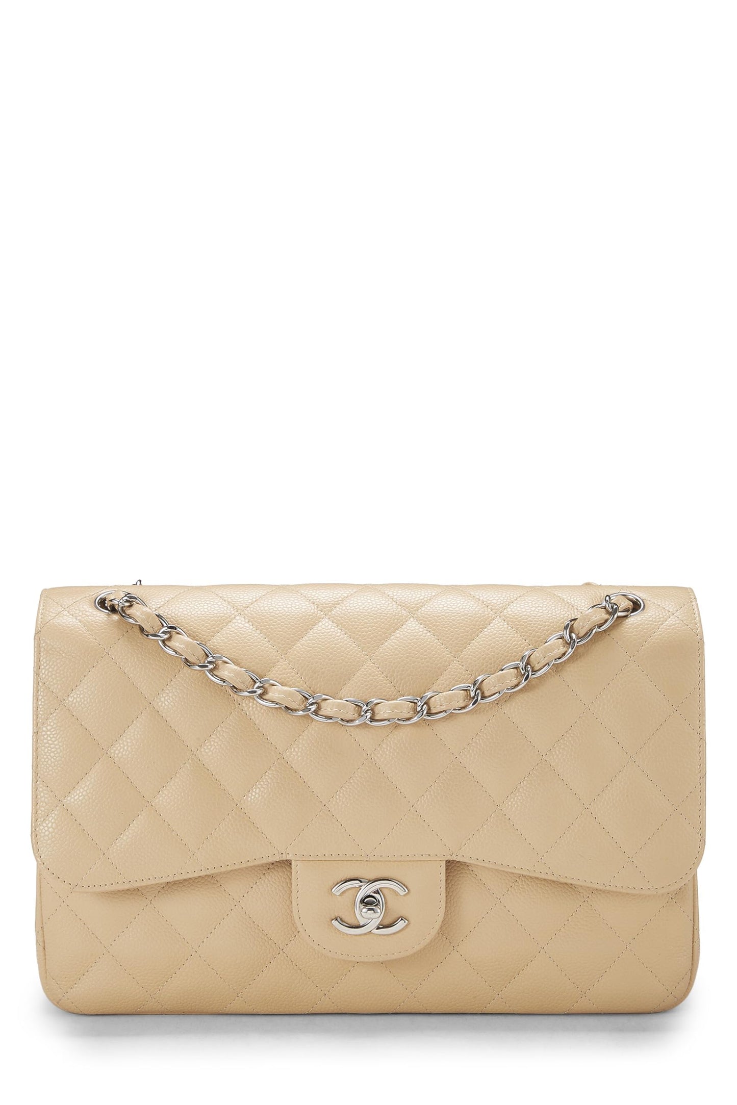 Chanel, sac à main jumbo à double rabat matelassé beige caviar, neuf et d'occasion, beige