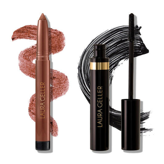 Duo de kajal Bold Beauty de LAURA GELLER NEW YORK : crayon eye-liner khôl longue tenue Kajal, Bronze Berry + mascara noir longue tenue Kajal