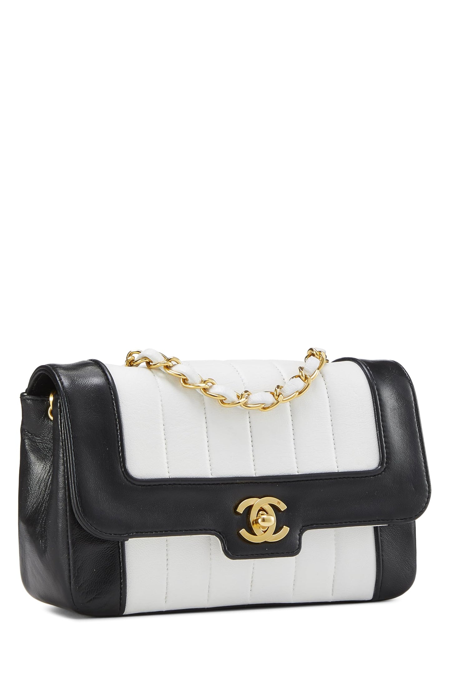 Chanel, Mini sac à rabat à bordure verticale en cuir d'agneau blanc et noir d'occasion, multicolore