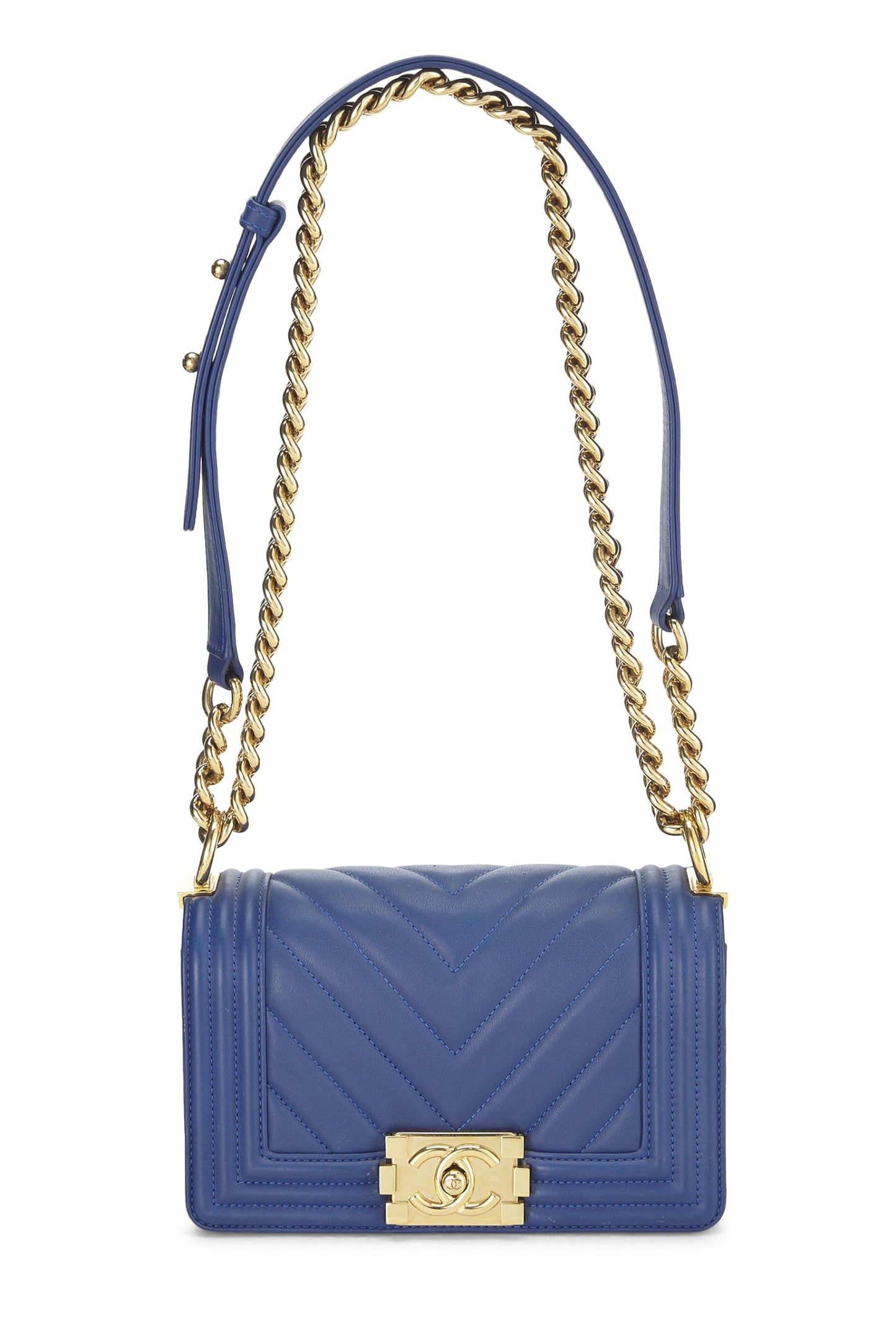 Chanel, petit sac Boy en cuir d'agneau bleu à chevrons d'occasion, bleu