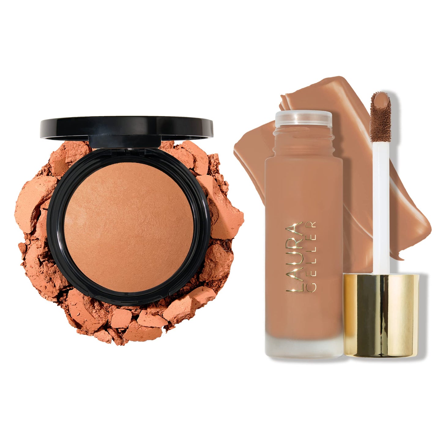 Base de maquillaje líquida y en polvo Double Take de LAURA GELLER (2 unidades) - Bronceado - Cobertura media a completa modulable - Acabado mate natural