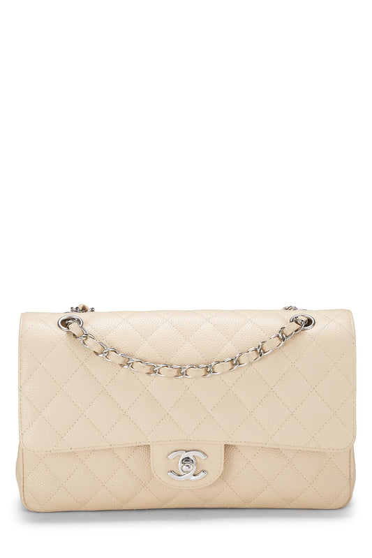 Chanel, sac à rabat double classique matelassé beige caviar d'occasion, taille M, beige