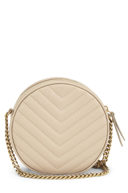 Yves Saint Laurent, sac à main rond en cuir grainé beige d'occasion, couleur crème