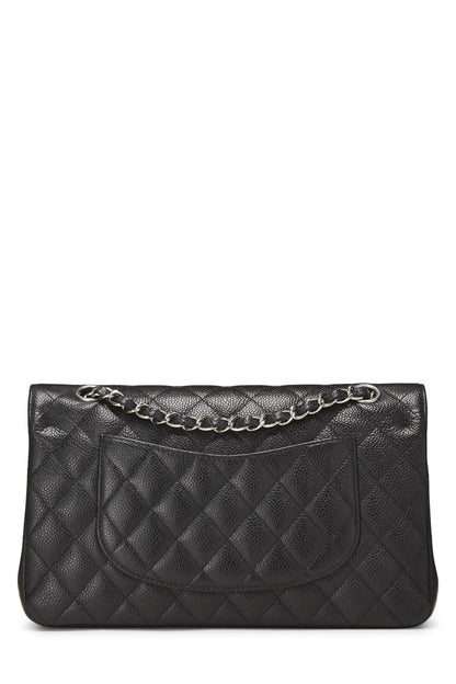 Chanel, sac à main matelassé noir à double rabat classique de taille moyenne, noir