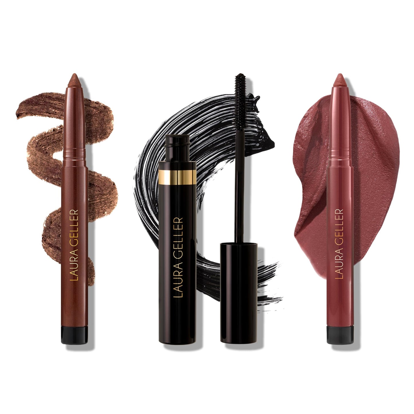 LAURA GELLER Kajal Collection Trio - Includes Multi-Use Eyeshadow + Liner Stick, Dark Brown + Volumizing Tubing Mascara + Longwearing Lip Color Pencil, Mulberry