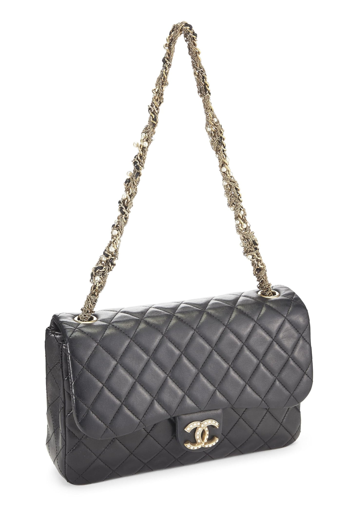 Chanel, Solapa de perlas Westminster de piel de cordero acolchada negra Pre-Loved, Negro