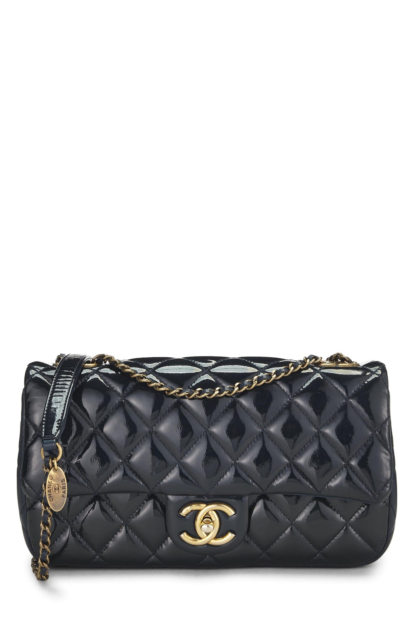 Chanel, Pre-Loved Navy Quilted Patent Leather 'CC' Eyelet Flap Medium, Navy