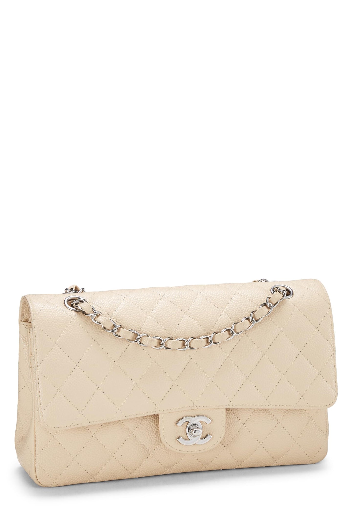 Chanel, sac à rabat double classique matelassé beige caviar d'occasion, taille M, beige