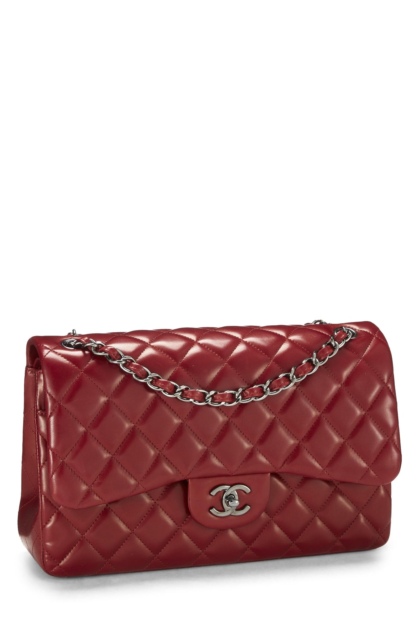 Chanel, Piel de cordero acolchada roja Pre-Loved New Classic Jumbo con doble solapa, Rojo