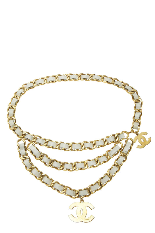 Chanel, Pre-Loved Gold & White Leather Chain Belt 3, White