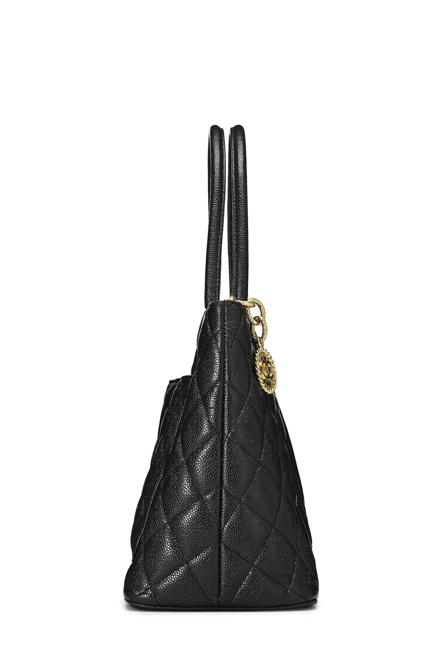 Chanel, Bolso tote con medallón de caviar acolchado negro Pre-Loved, Negro