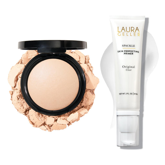 LAURA GELLER NEW YORK Baked Double Take Powder Foundation, Light + Spackle Super-Size Skin Perfecting Makeup Primer with Hyaluronic Acid, Original