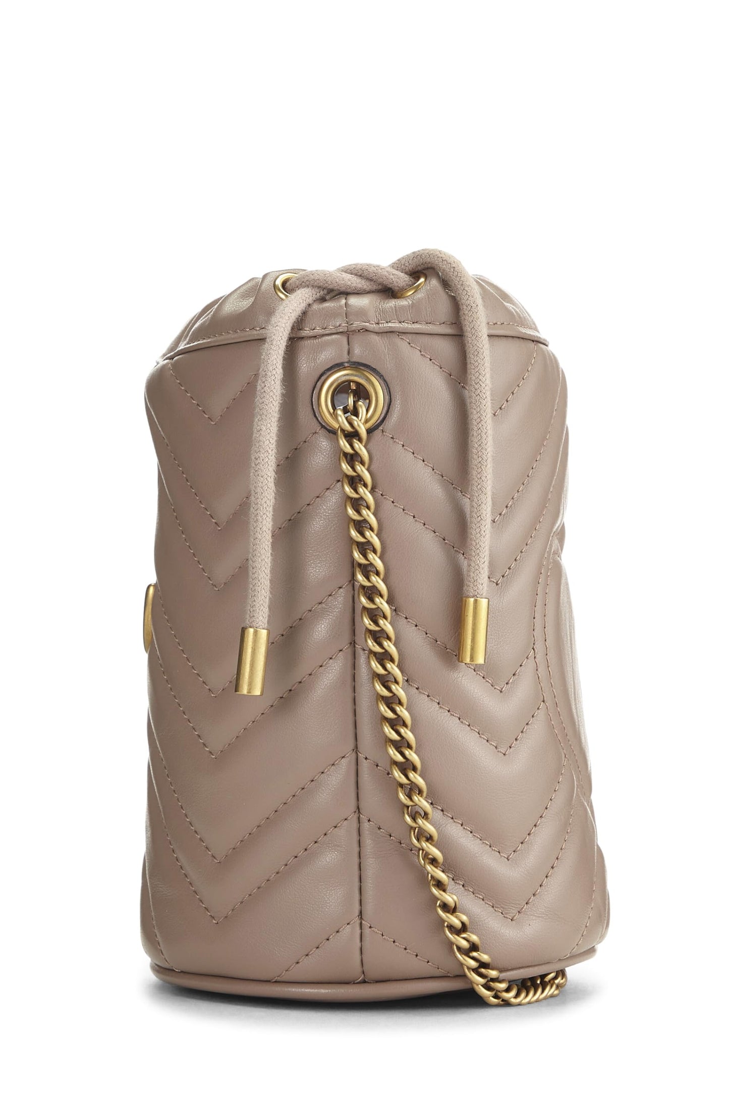 Gucci, sac seau à chaîne « GG » Marmont en cuir beige d'occasion, petit modèle, beige